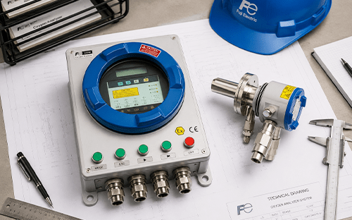 ATEX-konformer Sauerstoffanalysator aus Zirkonoxid und dessen Flanschsonde, dargestellt in einer technischen Zeichnung mit Messgeräten