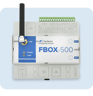 Fuji Electric FBOX 500-Modul mit GSM-Antenne, Anschlussklemmen und Kommunikationsschnittstellen