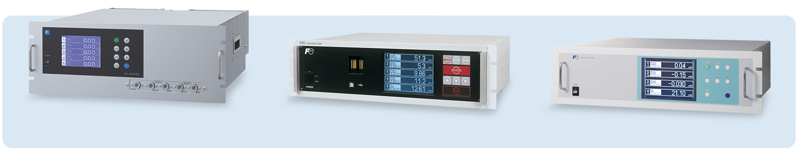 Produktreihe mit drei Gasanalysatoren von Fuji Electric mit Displays zur Anzeige der gemessenen Konzentrationen