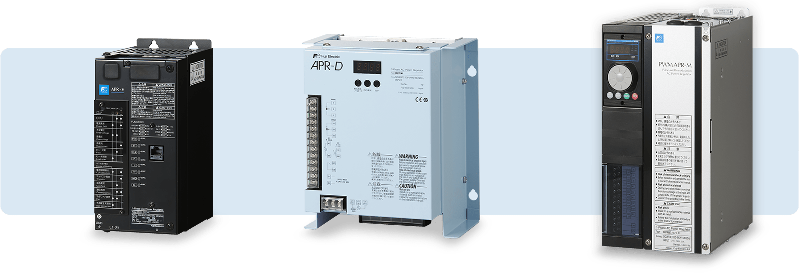 Endüstriyel güç kontrolü için üç adet Fuji Electric APR-V, APR-D ve PWMAPR-M güç regülatörü