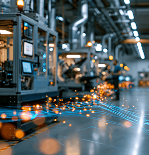 Kontrol dolapları ve elektrik akışının ışıklı gösterimi bulunan otomatik üretim hattı