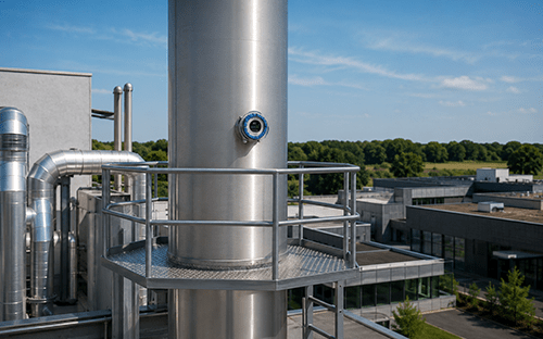 QALDUST-Staubmessgerät, installiert an einem Metallschornstein eines Industriestandorts