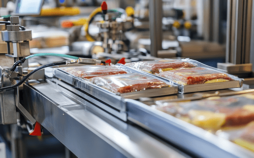 Versiegelte Lebensmittelschalen auf einer automatisierten industriellen Abfüll- und Verpackungsanlage