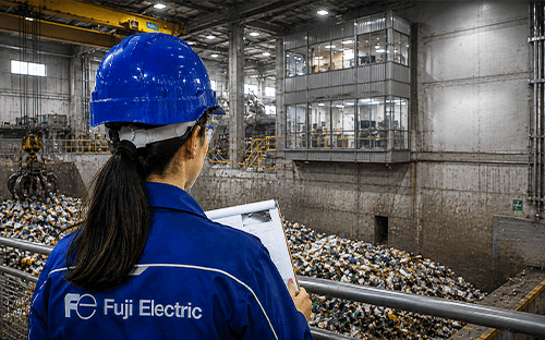 Tecnica della Fuji Electric che supervisiona un impianto di trattamento dei rifiuti da una piattaforma industriale