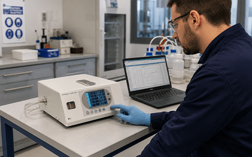 Tecnico di laboratorio intento a configurare un analizzatore di gas collegato a un computer per controllare le misurazioni