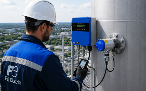 Tecnico della Fuji Electric che controlla un analizzatore di gas collegato a una sonda montata su un condotto industriale