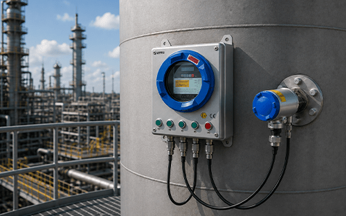 ATEX-konformer Sauerstoffanalysator aus Zirkonoxid, der an eine Sonde angeschlossen ist, die an einem Tank in einem Industriebetrieb installiert ist