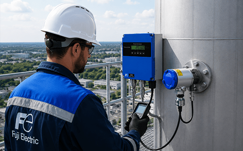 Ein Techniker von Fuji Electric überprüft einen an einem Industrie-Schornstein installierten Sauerstoffanalysator mit Zirkonoxid-Sensor