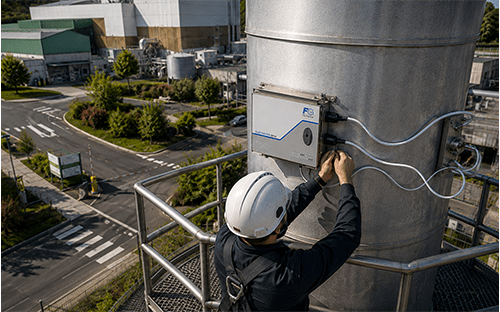 Techniker bei der Wartung eines Staubmessgeräts von Fuji Electric, das an einem Industrieschornstein installiert ist
