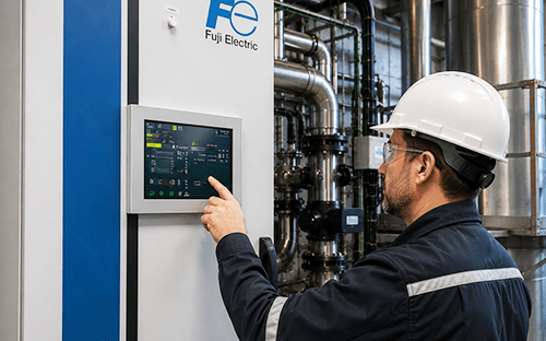 Tecnico della Fuji Electric che gestisce un quadro di analisi dei gas tramite touch screen in un impianto industriale