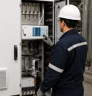 Tecnico con elmetto che controlla lo schermo di un armadio di analisi dei gas aperto in un impianto industriale