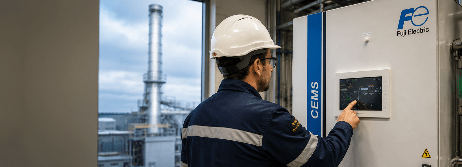 Técnico a utilizar o ecrã de controlo de um armário CEMS da Fuji Electric numa instalação industrial