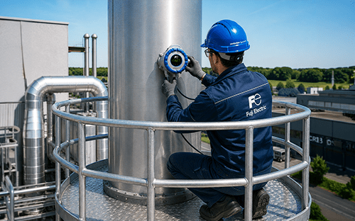 Tecnico della Fuji Electric intento a installare un sensore su un condotto metallico all’interno di un sito industriale