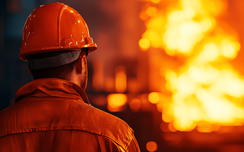 Tecnico con elmetto che osserva una fiamma intensa all’interno di un impianto industriale