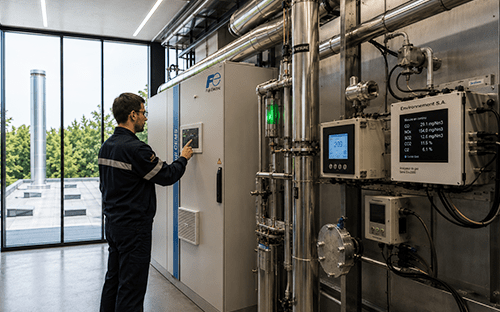 Técnico a verificar um analisador num armário Fuji CEMS aberto, no seio de uma instalação industrial