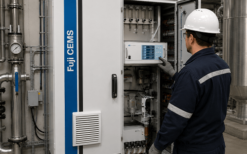 Técnico a verificar um analisador num armário Fuji CEMS instalado numa instalação industrial