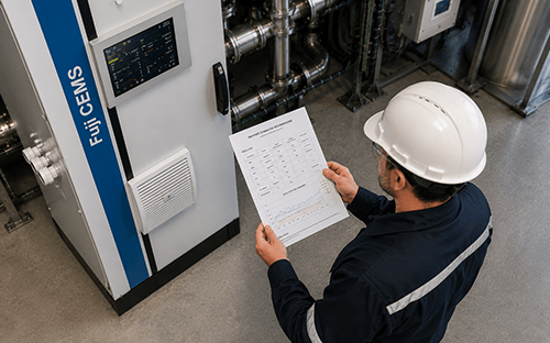 Técnico a consultar um relatório de medições em frente a um armário Fuji CEMS numa instalação industrial