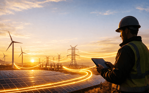 Gün batımında güneş panelleri, rüzgâr türbinleri ve elektrik hatlarının önünde tabletini elinde tutan bir teknisyen