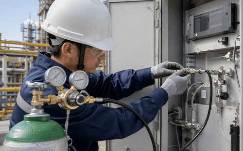 Tecnico con elmetto che collega una linea del gas a un armadio di analisi in un sito industriale