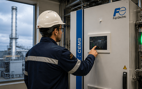 Tecnico che gestisce un sistema CEMS Fuji Electric tramite touchscreen in un impianto industriale