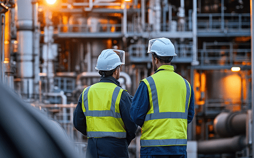 Zwei Techniker mit Schutzhelmen und Warnwesten, die eine Industrieanlage begutachten