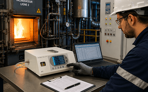 Çalışır durumdaki bir endüstriyel atık yakma tesisinin yanında bir Fuji Electric gaz analizörünü kontrol eden teknisyen