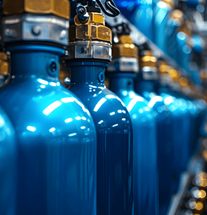Musluklar ve metal bağlantı parçalarıyla donatılmış mavi endüstriyel gaz tüplerinden oluşan sıra
