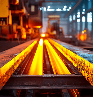 Bir çelik fabrikasındaki üretim hattında yüksek sıcaklığa ısıtılmış çelik çubuklar