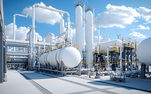 Tanklar, kolonlar, boru hatları ve proses ekipmanlarını içeren endüstriyel gaz arıtma tesisi