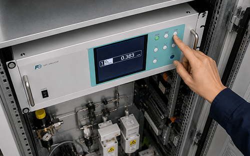 Endüstriyel bir kontrol dolabına monte edilmiş bir Fuji Electric oksijen analizörünü ayarlayan teknisyen