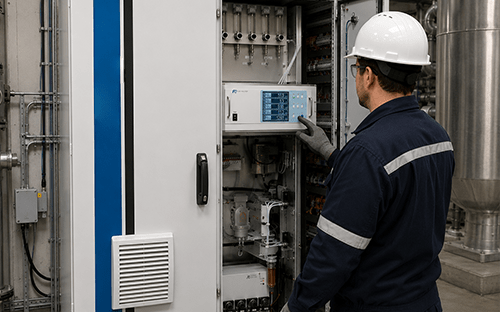 Endüstriyel ölçüm dolabına entegre edilmiş bir Fuji Electric gaz analizörünü kontrol eden teknisyen