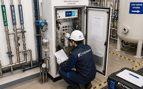 Fuji Electric teknisyeni, ölçüm cihazları ve gaz devreleri bulunan bir oksijen analiz kabinini kontrol ediyor