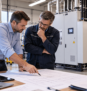 Deux professionnels examinent des plans techniques dans un local industriel équipé d'une armoire de commande et de tuyauteries