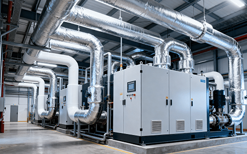 Installation industrielle avec chaudière électrique, armoire de commande et réseau de tuyauteries calorifugées