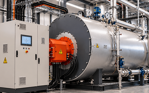 Chaudière industrielle cylindrique en acier avec coffret électrique orange, armoire de commande et réseau de tuyauteries