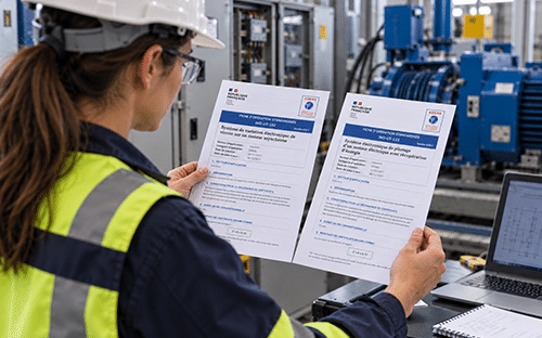 Technicienne comparant deux fiches CEE devant des moteurs &eacute;lectriques et des armoires de commande industrielles