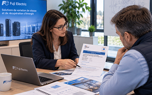 Conseill&egrave;re Fuji Electric pr&eacute;sentant la fiche CEE IND-UT-133 &agrave; un client lors d&rsquo;un rendez-vous technique