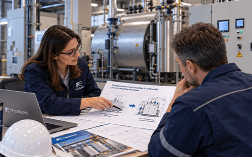 Deux collaborateurs Fuji Electric examinent un schéma technique de chaudière industrielle dans un local équipé de tuyauteries
