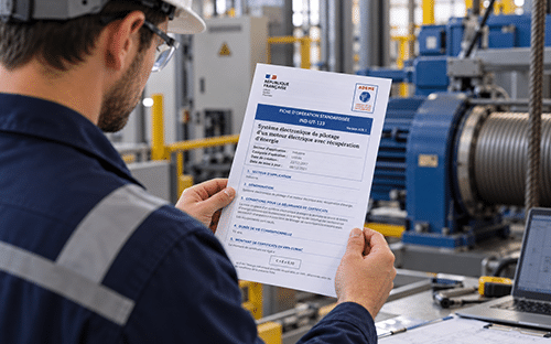 Technicien consultant une fiche CEE IND-UT-133 devant un &eacute;quipement industriel de levage