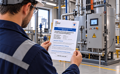 Technicien consultant la fiche CEE IND-UT-141 devant une chaudière électrique industrielle équipée d'une armoire de commande