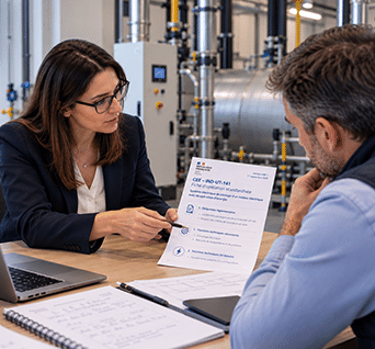Deux professionnels &eacute;changent autour d'une fiche CEE IND-UT-141 dans un local industriel &eacute;quip&eacute; d'une chaudi&egrave;re et de tuyauteries