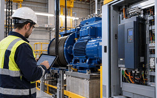 Technicien contr&ocirc;lant sur tablette un moteur &eacute;lectrique industriel reli&eacute; &agrave; un variateur de fr&eacute;quence