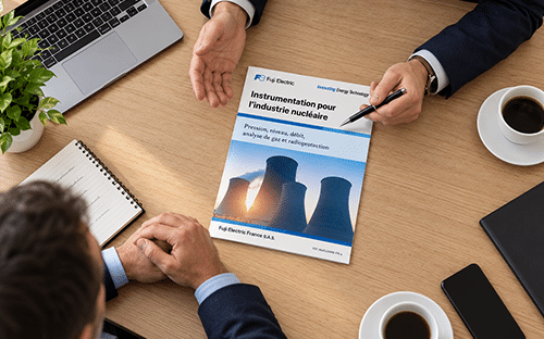 Deux professionnels examinent une brochure sur l’instrumentation de l’industrie nucléaire autour d’une table