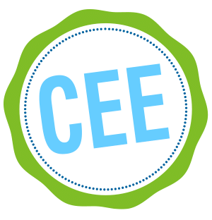 Pictogramme CEE avec les lettres bleu clair au centre d'un cercle pointillé bleu entouré d'une bordure verte ondulée