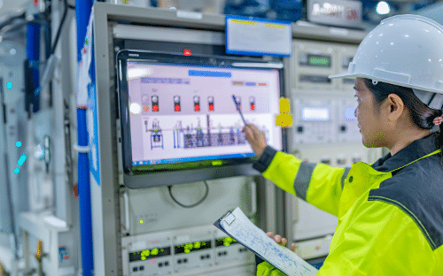 Technicienne pilotant une installation industrielle depuis un &eacute;cran tactile de supervision en atelier