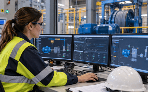 Technicienne supervisant un moteur &eacute;lectrique industriel et ses param&egrave;tres de fonctionnement sur trois &eacute;crans