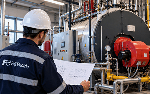 Technicien Fuji Electric consultant des plans devant une chaudière industrielle équipée d'un brûleur rouge et d'une armoire de commande