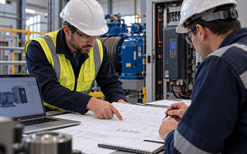 Deux techniciens analysent des plans &eacute;lectriques devant un moteur industriel et son armoire de commande
