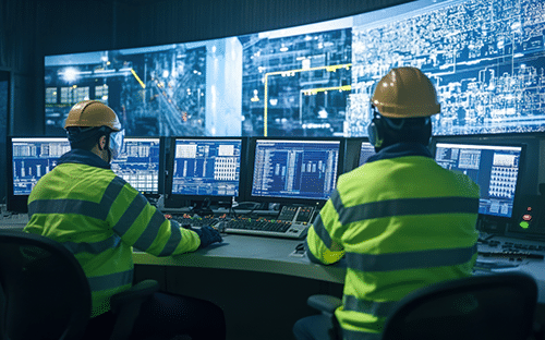 Deux techniciens supervisent des installations industrielles depuis une salle de contrôle équipée de plusieurs écrans